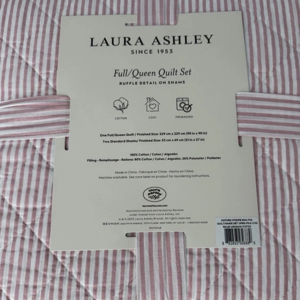 Laura Ashley ~ Full/Queen PINK Oxford Stripe Quilt/Sham Set ~ Reversible/Cotton - Picture 6 of 9